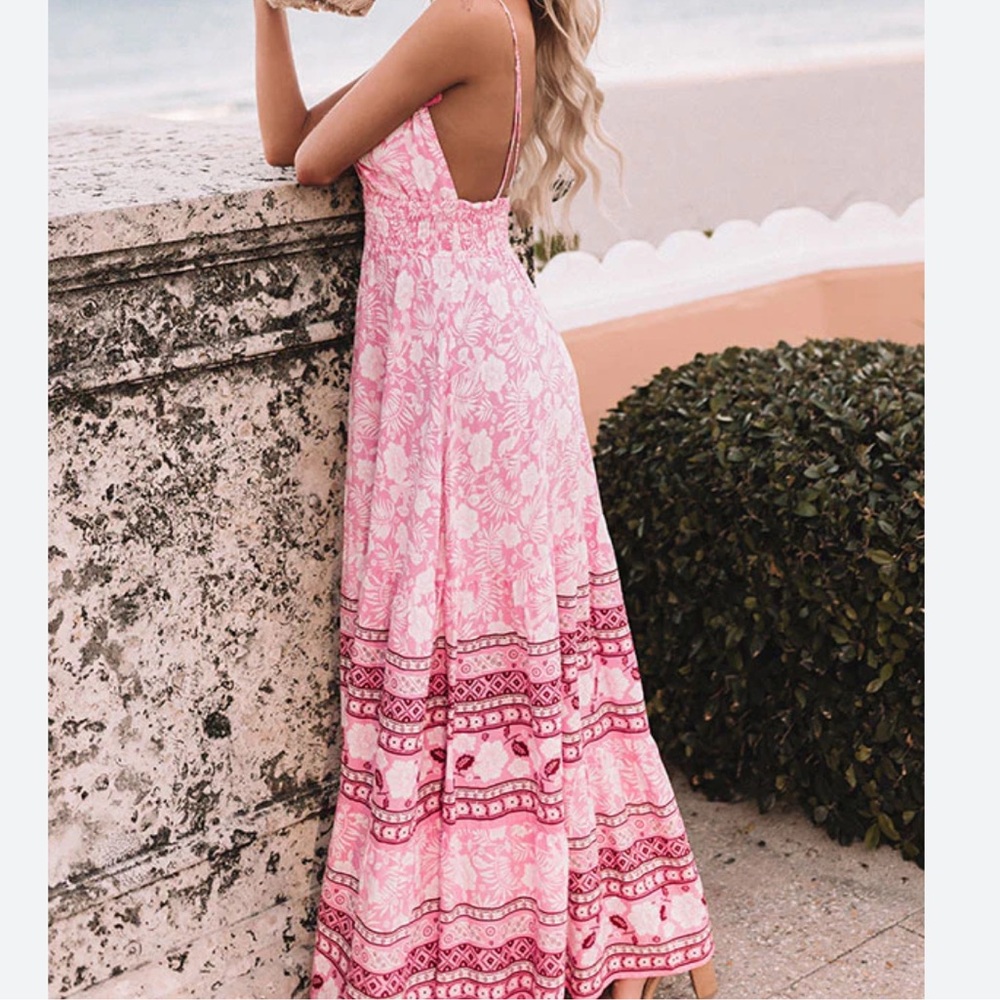 Aakaa Pink Floral Tiered Maxi Dress Spaghetti Strap Sundress Size Small
